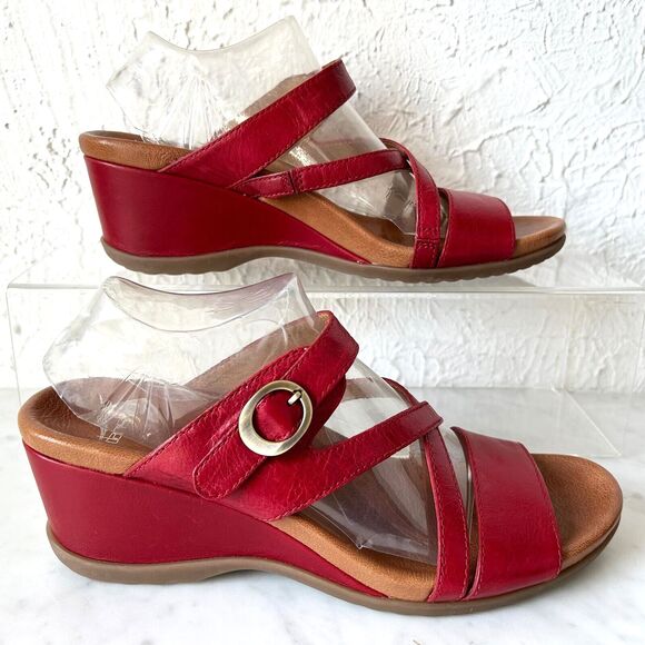 Dansko Ana Red Leather Open Back Wedge Sandals Adjustable Strap - Women's 40/9 - Picture 1 of 8